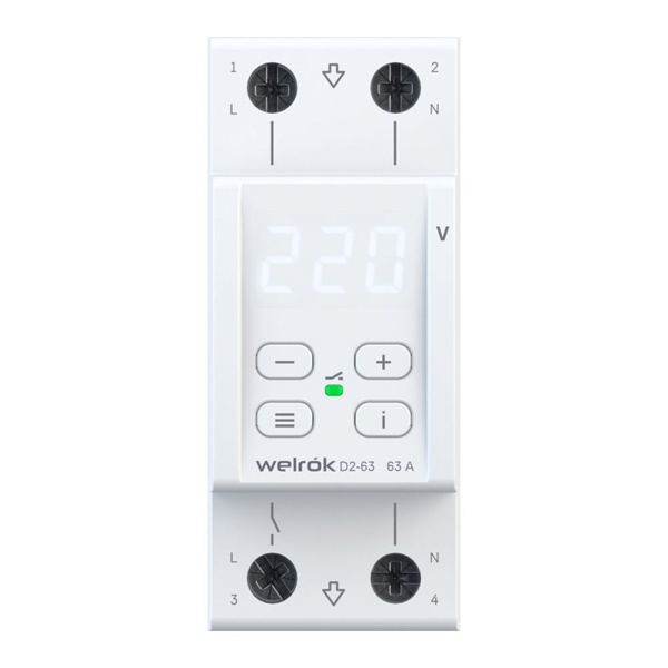 Реле контроля напряжения Welrok D2-63 1Ф 63А (max 80A) 13900ВА белый 2м