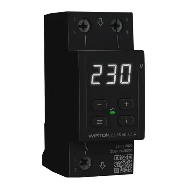 Реле контроля напряжения Welrok D2-63 bk 1Ф 63А (max 80A) 13900ВА черный 2м