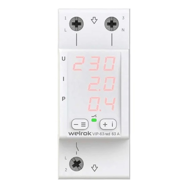 Многофункциональное реле контроля напряжения и тока Welrok VIP-63 red 1Ф 63А (max 80A) 14490В белый