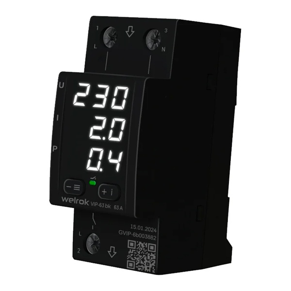 Многофункциональное реле контроля напряжения и тока Welrok VIP-63 bk 1Ф 63А (max 80A) 14490ВА черный