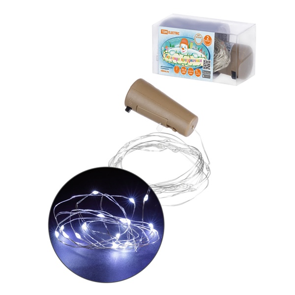 Гирлянда TDM Роса пробка для бутылки 20LED, 2м, 6000K, работа от 3хAG13/LR44, IP20