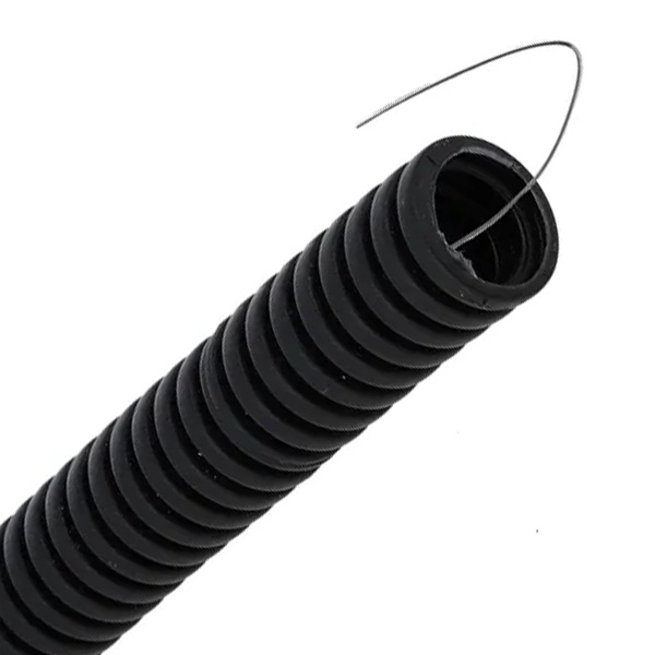 Труба гофрированная ПВХ EKF Plast 25 мм гибкая лёгкая с протяжкой черная [бухта 50м] (гофра для кабеля)