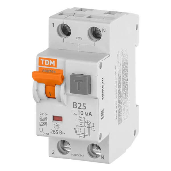 Дифференциальный автомат TDM АВДТ64 1П+Н B25А 10мА тип А однофазный электронный 6кА (дифавтомат, АВДТ)