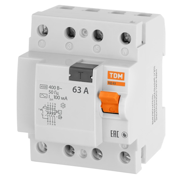 Устройство защитного отключения TDM ВД63 4Р 63А 100мА (электронное) тип АС