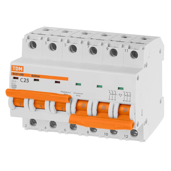 Автоматический выключатель с механической блокировкой (байпас) TDM ВА47-29Б 3Р+3Р С25А 4,5кА (автомат электрический)