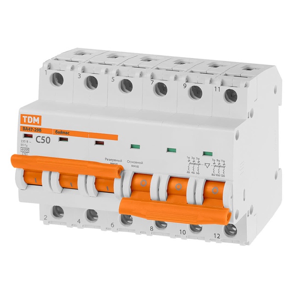 Автоматический выключатель с механической блокировкой (байпас) TDM ВА47-29Б 3Р+3Р С50А 4,5кА (автомат электрический)