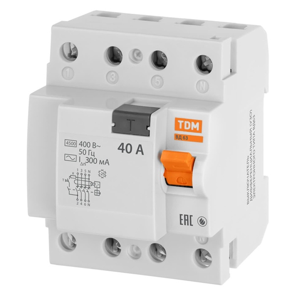Устройство защитного отключения TDM ВД63 4Р 40А 300мА (электронное) тип АС