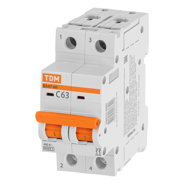 Автоматический выключатель TDM ВА47-60 2Р 63А 6кА характеристика C (автомат электрический)