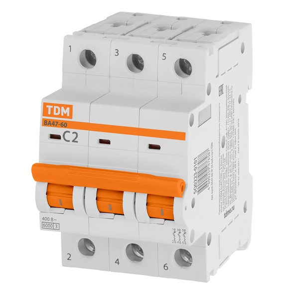 Автоматический выключатель TDM ВА47-60 3Р 2А 6кА характеристика C (автомат электрический)