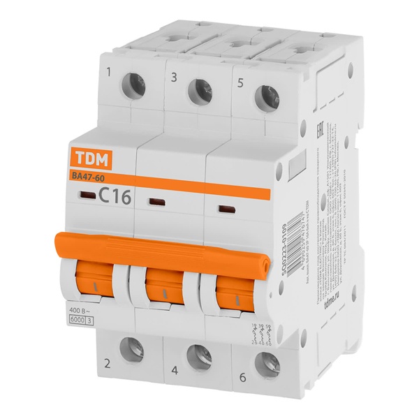 Автоматический выключатель TDM ВА47-60 3Р 16А 6кА характеристика C (автомат электрический)