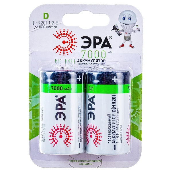 Аккумулятор D ЭРА HR20 1.2V 7000mAh NiMH никель-металлгидридные (упаковка 2шт) 5056396238737
