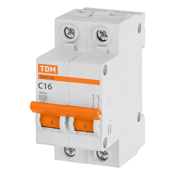 Автоматический выключатель TDM ВА47-63 2Р 16А 4,5кА характеристика C (автомат электрический)