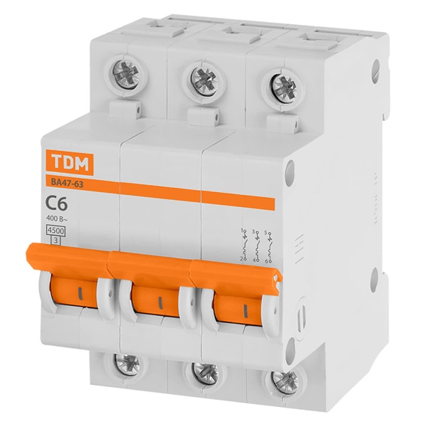 Автоматический выключатель TDM ВА47-63 3Р 6А 4,5кА характеристика C (автомат электрический)