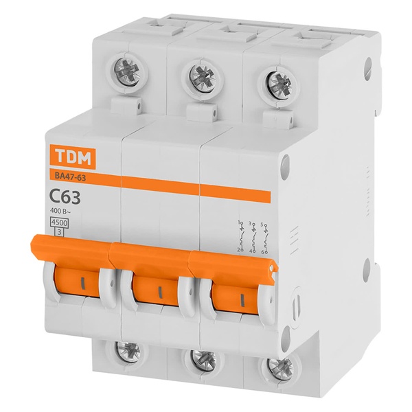 Автоматический выключатель TDM ВА47-63 3Р 63А 4,5кА характеристика C (автомат электрический)