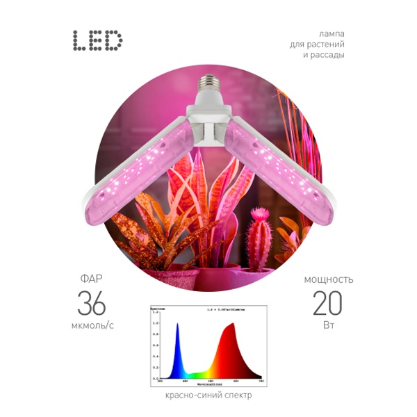 Лампа светодиодная для растений Green Line ФИТО 20W PL E27 GR 2-х лепестковая красно-синего спектра