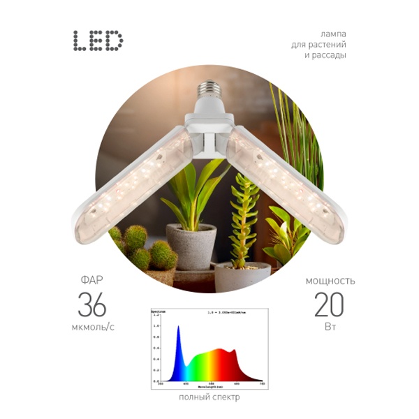Лампа светодиодная для растений Green Line ФИТО 20W PFR E27 GR 2-х лепестковая полного спектра