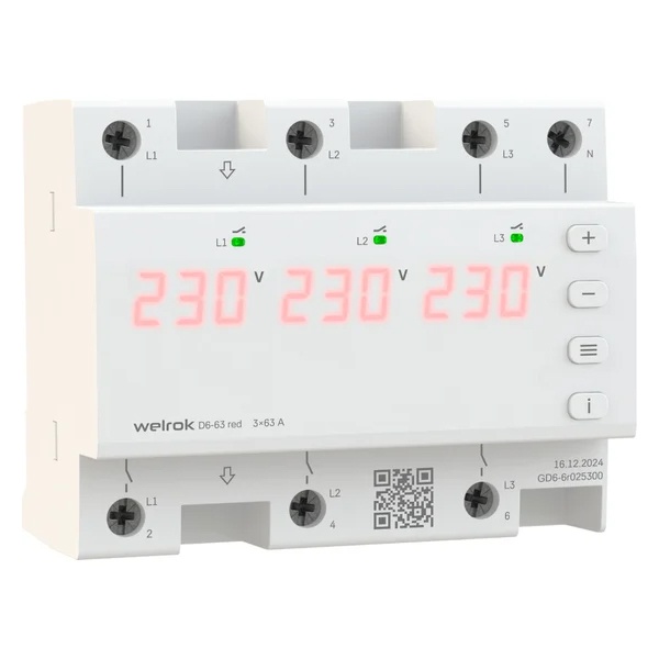 Реле контроля напряжения Welrok D6-40 red 3Ф 3х40А (max 3х50A) 3х9200ВА белый 6м