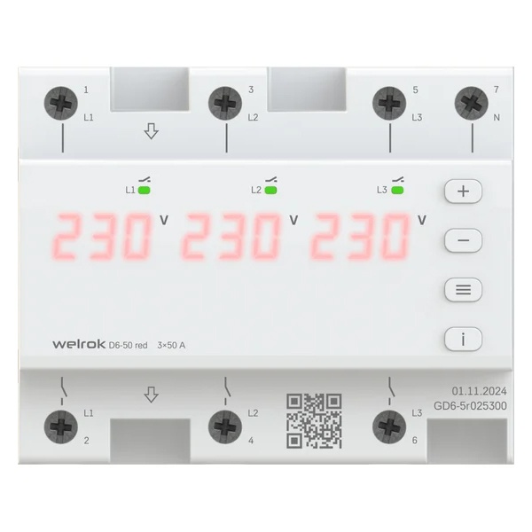 Реле контроля напряжения Welrok D6-50 red 3Ф 3х50А (max 3х60A) 3х11500ВА белый 6м