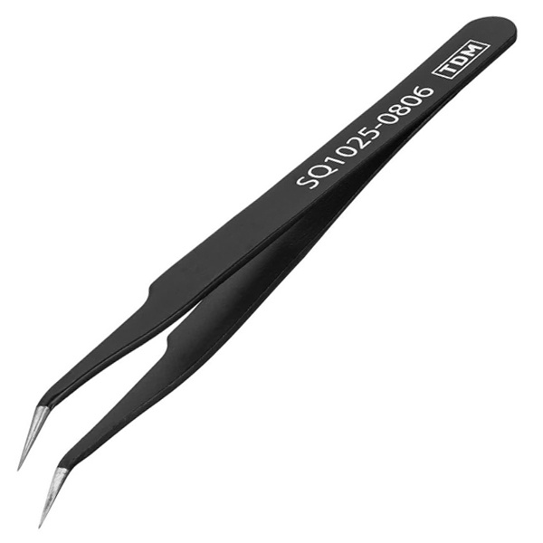 Пинцет TDM прецизионный изогнутый 110 мм, острое жало, нержавейка, антистатическое покрытие, Рубин