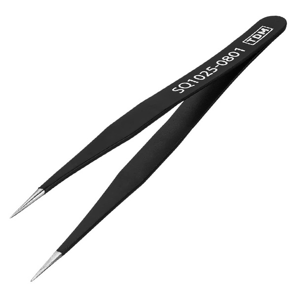 Пинцет TDM прецизионный прямой 122 мм, острое жало, нержавейка, антистатическое покрытие Рубин