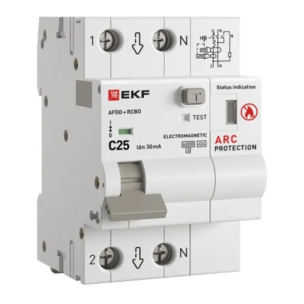 Устройство защиты от дугового пробоя с АВДТ EKF 1P+N С25А 30мА тип А 6кА