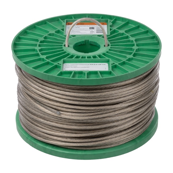 Трос стальной в полимерной оболочке поверенный TDM ТСП-П-4-130, диаметр 4 мм, катушка 130 м,