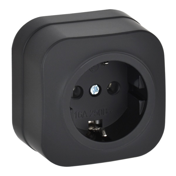 Накладная розетка 1-ая ИЭК GLORY с заземлением 16А РС20-3-ХЧм черный матовый