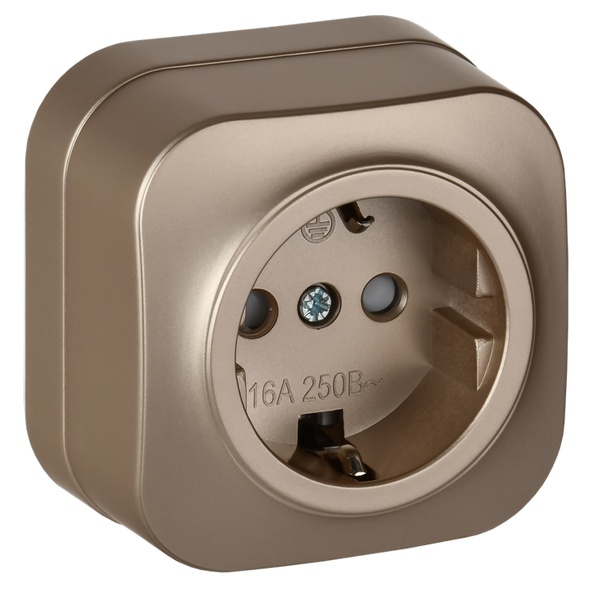 Накладная розетка 1-ая ИЭК GLORY с заземлением и шторками 16А РСш20-3-ХШм шампань матовый