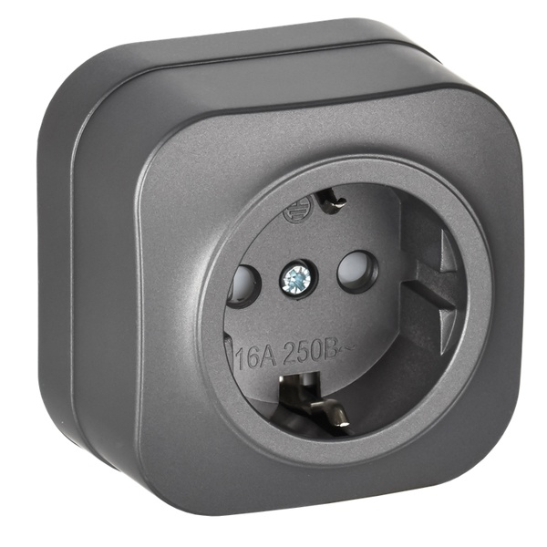 Накладная розетка 1-ая ИЭК GLORY с заземлением и шторками 16А РСш20-3-ХСм сталь матовый