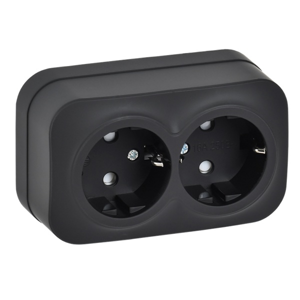 Накладная розетка 2-ая ИЭК GLORY с заземлением и шторками 16А РСш22-3-ХЧм черный матовый