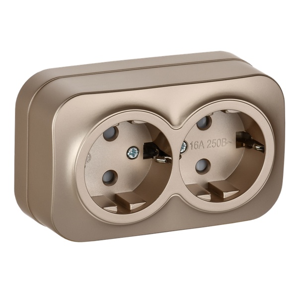 Накладная розетка 2-ая ИЭК GLORY с заземлением и шторками 16А РСш22-3-ХШм шампань матовый