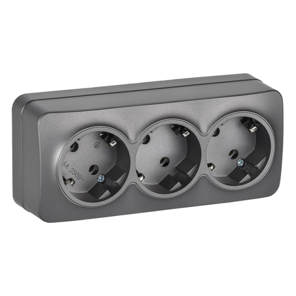 Накладная розетка 3-ая ИЭК GLORY с заземлением без шторок 16А РС23-3-ХСм сталь матовый