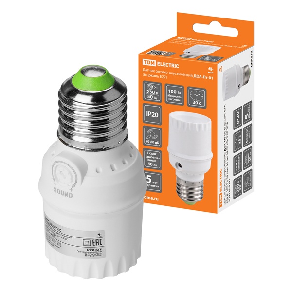 Датчик оптико-акустический TDM ДОА-Пт-01 в цоколь Е27 230В 100Вт 30сек 40лк 50-80дБ IP20
