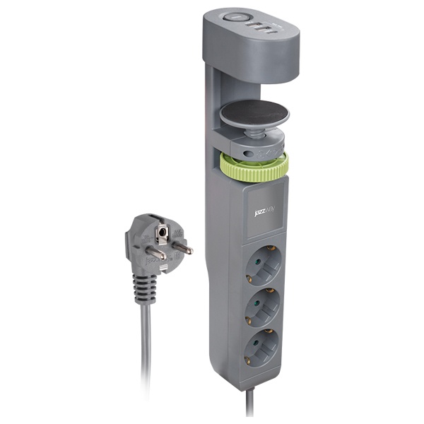 Удлинитель на струбцине JazzWay ETD-03U-150-gy 3х2Р+Е 1,5м 3х1 мм2 16А 3USB(2А+1С) выключатель серый