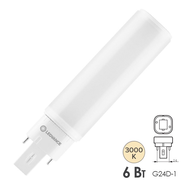 Лампа компактная светодиодная Ledvance DULUX D 13 LED 6W/830 3000K 220V EM G24d-1 (ЭмПРА-220V)