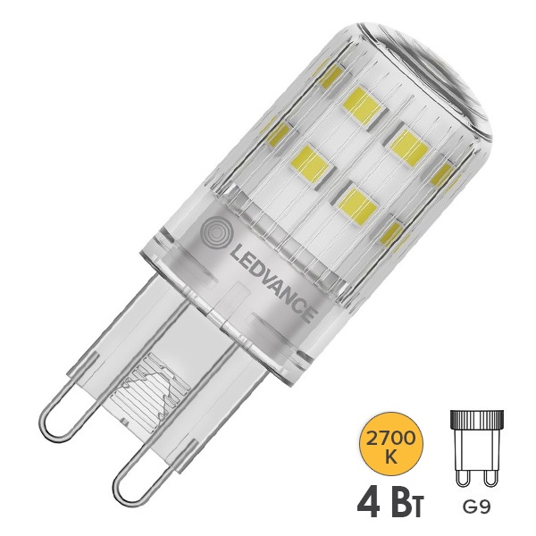 Лампа светодиодная капсула Ledvance LED PPIN 40 4W/827 2700K G9 230V DIM 470Lm d18x59mm