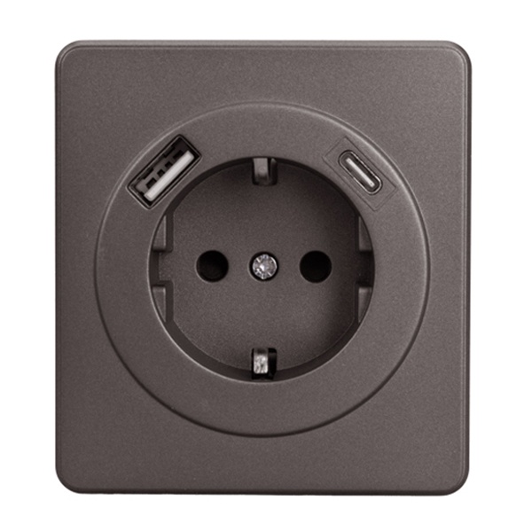 Розетка с заземлением Kranz Miele Round 16А со шторками и USB A+С 5В/3А с рамкой титан