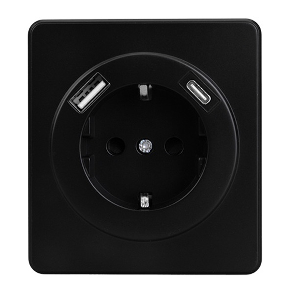 Розетка с заземлением Kranz Miele Round 16А со шторками и USB A+С 5В/3А с рамкой оникс