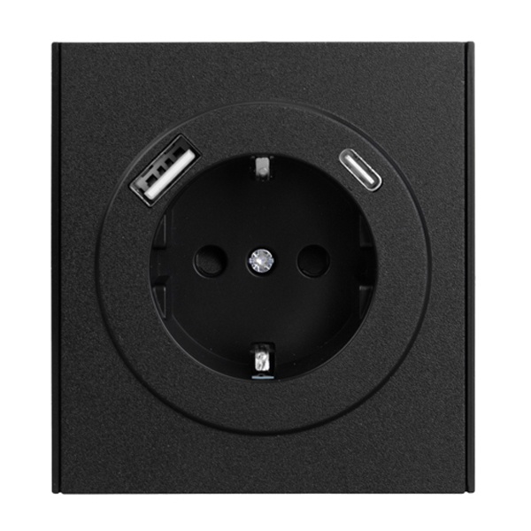 Розетка с заземлением Kranz Miele Strong 16А со шторками и USB A+С 5В/3А с рамкой антрацит