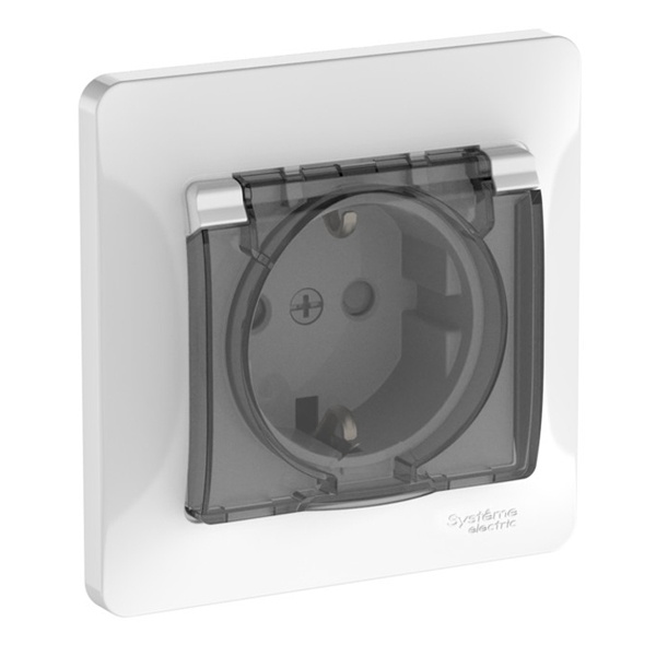 Розетка с заземлением со шторками с крышкой SE Glossa 16А IP44 в сборе быстрозажимные, белый
