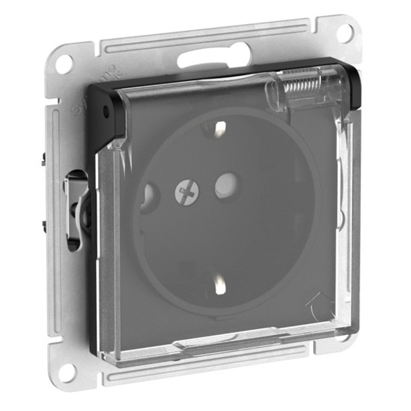 Розетка с заземлением со шторками и крышкой SE AtlasDesign 16А IP44 Aqua быстрозажимные, карбон