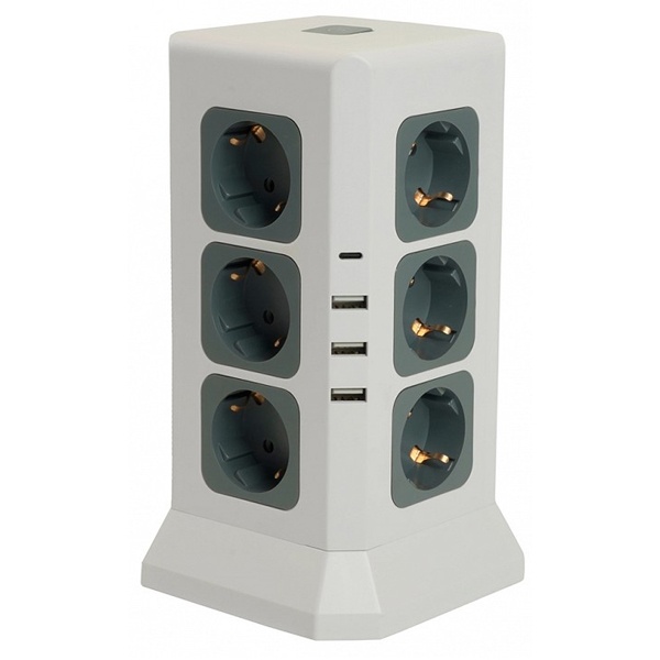 Удлинитель Stekker Comfort HM10-61-01 12х2P+E 16A 3520Вт 3USB A+1C 5V 3,4A 3x1мм2 1.5 м белый/серый