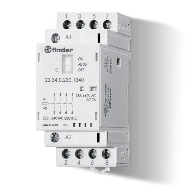 Модульный контактор Finder 25А 2NO+2NC 230В AC/DC ручное управление механический индикатор, LED 2м
