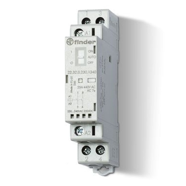 Модульный контактор Finder 25А 2NO 24В AC/DC ручное управление механический индикатор, LED 1м