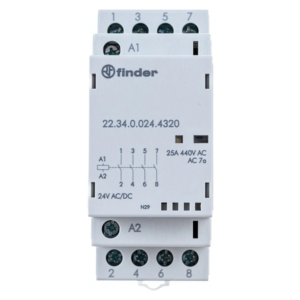 Модульный контактор Finder 25А 4NO 24В AC/DC AgSnO механический индикатор, LED 2м