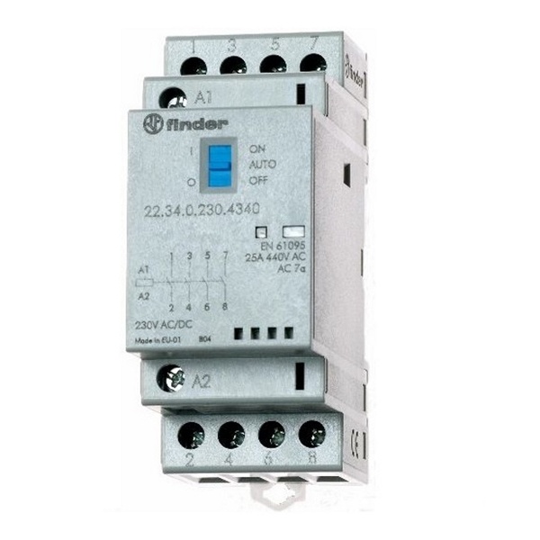 Модульный контактор Finder 25А 4NO 24В AC/DC ручное управление механический индикатор, LED 2м