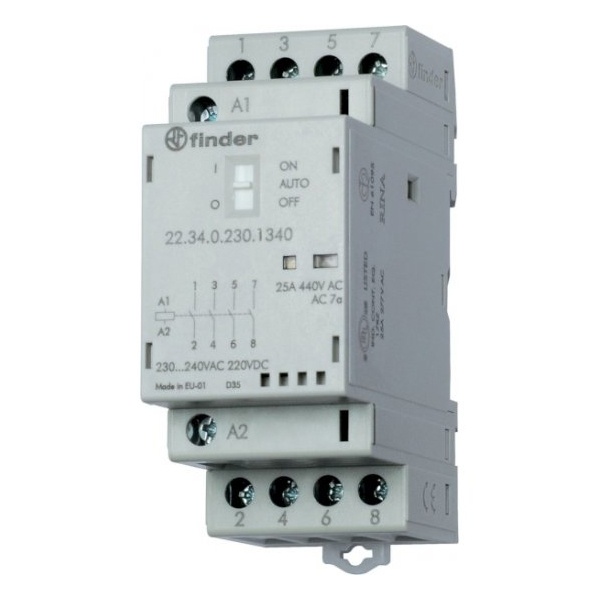 Модульный контактор Finder 25А 3NO+1NC 24В AC/DC механический индикатор, LED 2м