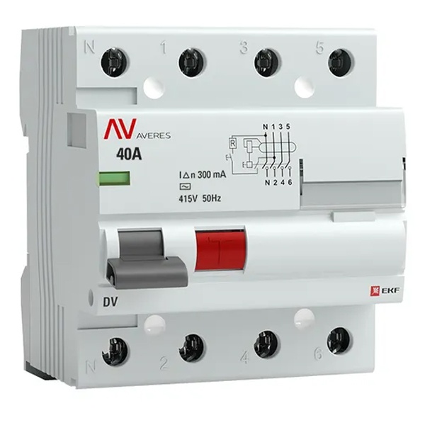 Устройство защитного отключения УЗО EKF AVERES DV 4P 40А 300мА (электромеханическое) АС (ВДТ)