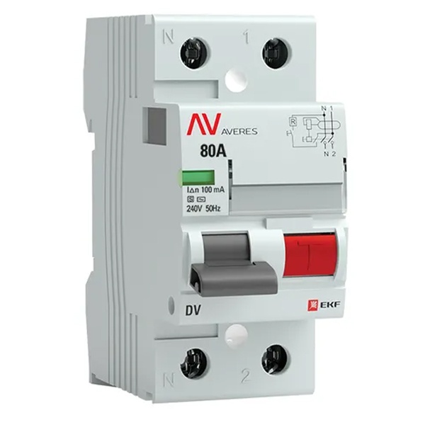 Устройство защитного отключения селективное УЗО EKF AVERES DV 2P 80А 100мА (электромеханическое) АС (ВДТ)