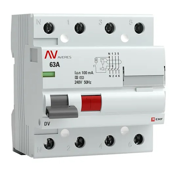 Устройство защитного отключения селективное УЗО EKF AVERES DV 4P 63А 100мА (электромеханическое) АС (ВДТ)